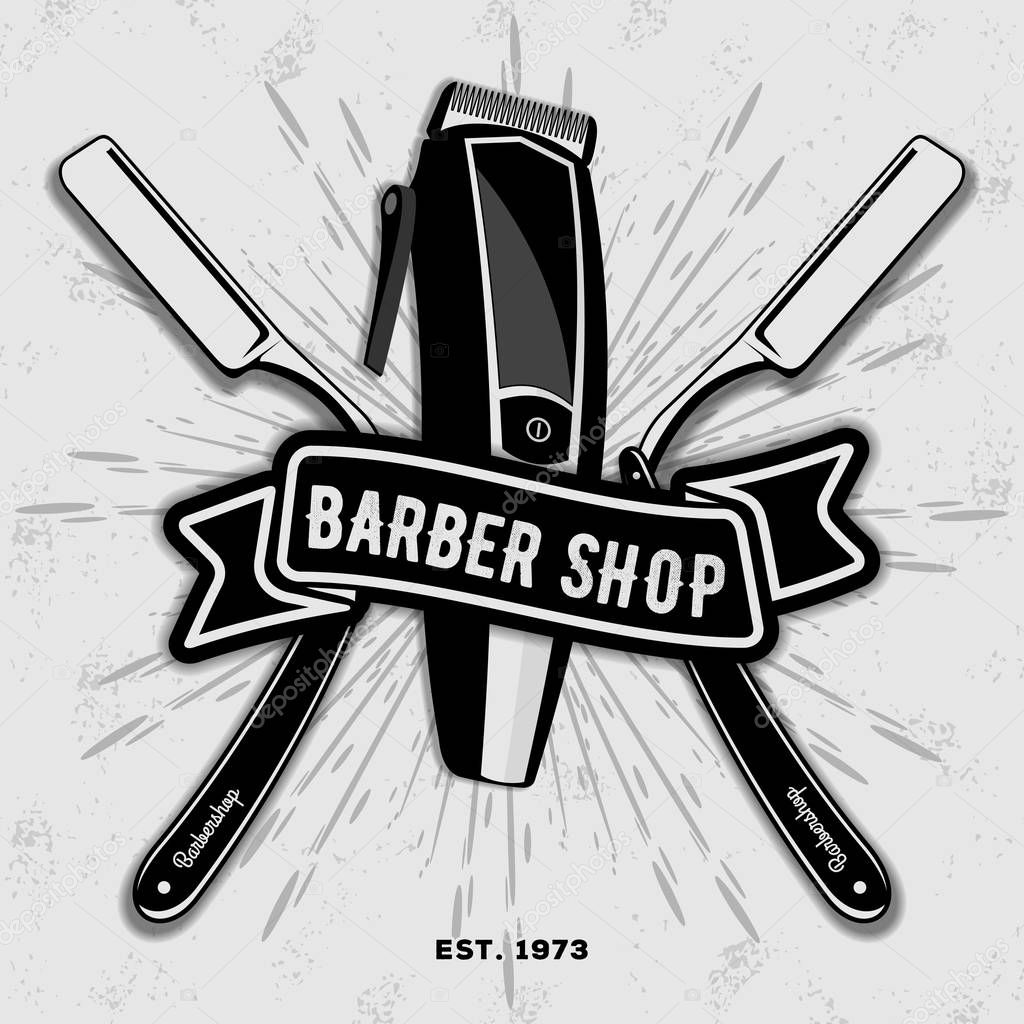 Barber shop vintage label, badge, or emblem with hair clipper and razors on gray background. Haircuts and shaves. Vector illustration
