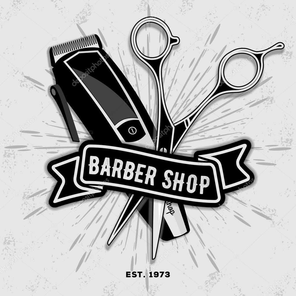 Barber shop vintage label, badge, or emblem with scissors and hair clipper on gray background. Haircuts and shaves. Vector illustration