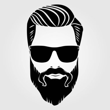 Sakallı adam, hipster yüz. Moda siluet, amblem, simge, etiket. Vektör çizim.