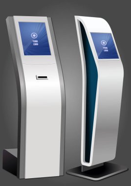 İki promosyon etkileşimli bilgileri Kiosk, reklam görüntüleme, Terminal Stand, dokunmatik ekran. Şablonu alay.