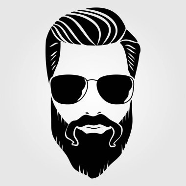 Sakallı adam, hipster yüz. Moda siluet, amblem, simge, etiket. Vektör çizim.
