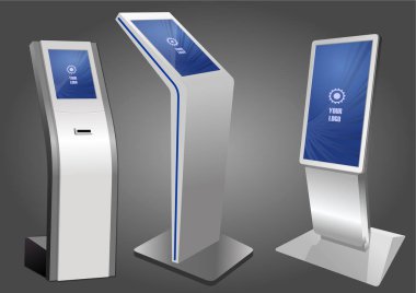 Üç promosyon etkileşimli bilgileri Kiosk, reklam görüntüleme, Terminal Stand, dokunmatik ekran. Şablonu alay.