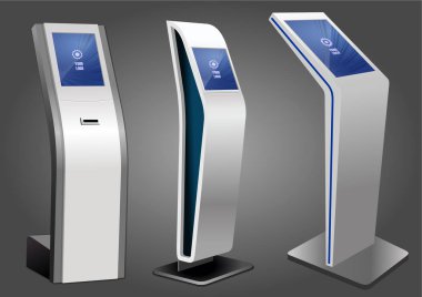 Üç promosyon etkileşimli bilgileri Kiosk, reklam görüntüleme, Terminal Stand, dokunmatik ekran. Şablonu alay.