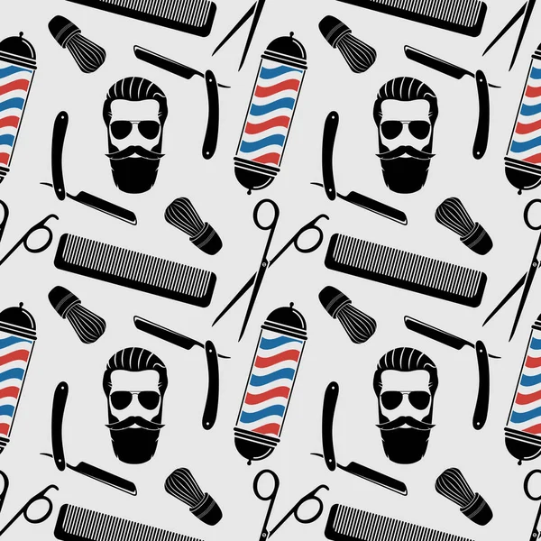 Barbershop background, seamless pattern with hairdressing scissors, shaving brush, razor, comb, hipster face and barber pole. Vector illustration — Stock Vector