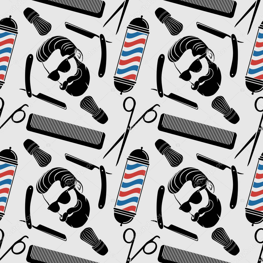 Barbershop background, seamless pattern with hairdressing scissors, shaving brush, razor, comb, hipster face and barber pole. Vector illustration