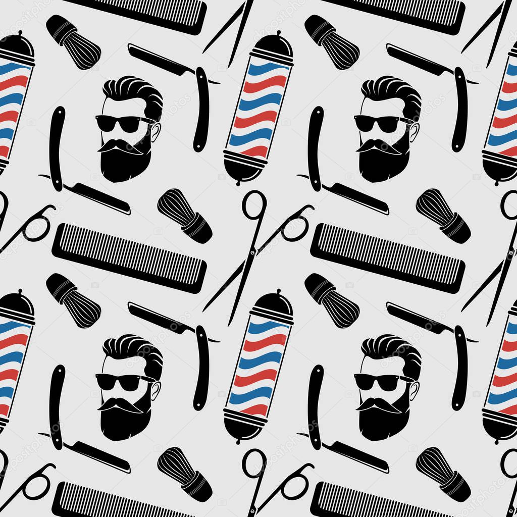 Barbershop background, seamless pattern with hairdressing scissors, shaving brush, razor, comb, hipster face and barber pole. Vector illustration