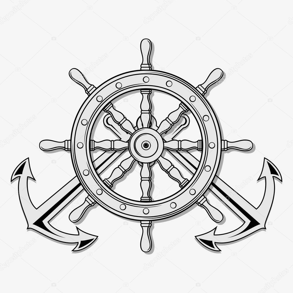 Ship Steering Wheel and Crossed nautical anchors. 