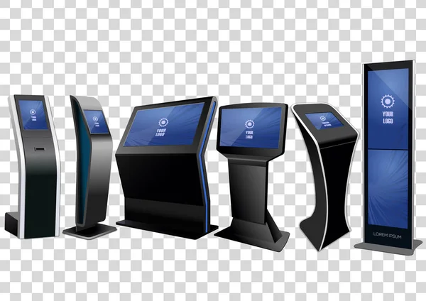 Шість рекламних інтерактивних інформаційних кіоску, рекламний дисплей, термінальна підставка, сенсорний екран дисплея ізольовані на прозорому фоні. Згорнути шаблон . — стоковий вектор