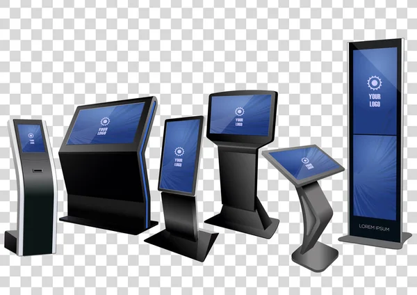 Sześć promocyjne interaktywne informacje Kiosk, wyświetlania reklam, Terminal stoją, ekran dotykowy na przezroczystym tle. Makiety szablonu. — Wektor stockowy