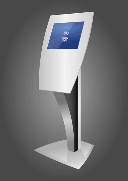 White Promotional Interactive Information Kiosk Terminal Stand Touch Screen Display. Vyhonit šablonu. — Stockový vektor