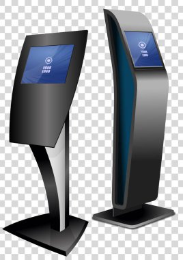 İki Tanıtım İnteraktif Bilgi Büfesi, Reklam Ekranı, Terminal Standı, Dokunmatik Ekran Görünümü şeffaf arkaplanda izole edildi. Şablonu Düzenle.