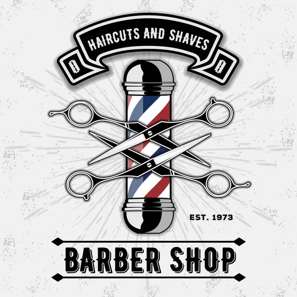Barbeiro loja vetor vintage rótulo, crachá, ou emblema no fundo cinza. Modelo de vetor —  Vetores de Stock