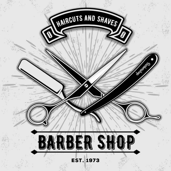 Kuaför dükkanı vintage etiket, rozet veya amblem makas ve gri arka plan üzerinde jilet ile. Saç kesimi ve tıraşlı. Vektör çizim
