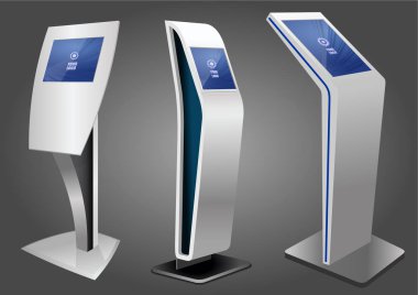Üç promosyon etkileşimli bilgileri Kiosk, reklam görüntüleme, Terminal Stand, dokunmatik ekran. Şablonu alay.