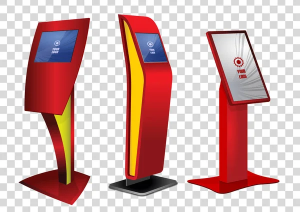 Tre chiosco informativo interattivo promozionale rosso, display pubblicitario, supporto terminale, display touch screen isolato su sfondo trasparente . — Vettoriale Stock