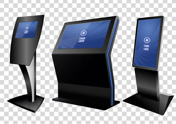 Three Promotional Interactive Information Kiosk, Advertising Display, Terminal Stand, Touch Screen Display diisolasi dengan latar belakang transparan. Templat Mock Up . - Stok Vektor