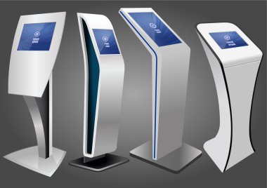 Dört promosyon etkileşimli bilgileri Kiosk, reklam görüntüleme, Terminal Stand, dokunmatik ekran. Şablonu alay.