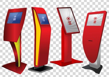 Dört kırmızı promosyon etkileşimli bilgi noktası, reklam göstermek, Terminal Stand, dokunmatik ekran üzerinde şeffaf arka plan izole ekran. Şablonu alay.