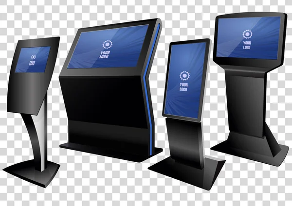 Четыре интерактивных информационного киоска, рекламный дисплей, терминальный стенд, сенсорный экран дисплей изолированы на прозрачном фоне. Шаблон макета . — стоковый вектор
