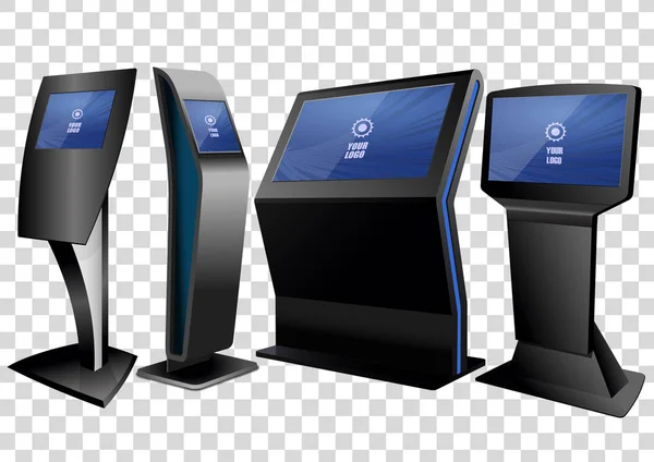 Empat Promosi Interaktif Informasi Kiosk, Periklanan Tampilan, Terminal Stand, Touch Layar Display terisolasi pada latar belakang transparan. Templat Mock Up . - Stok Vektor