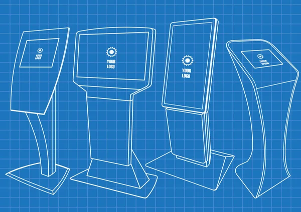 Entwurf von vier interaktiven Werbekiosk, Werbedisplay, Terminal-Stand, Touchscreen-Display. Vorlage gefälscht. — Stockvektor