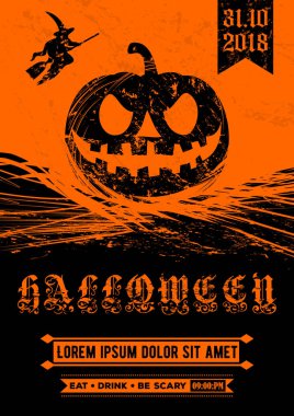 Cadılar Bayramı Partisi Davetiyesi, posteri veya başlığı şablonuyla korkutucu Kabak. Vektör çizim.