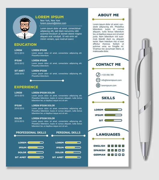Резюме и шаблон резюме с красивым минималистским дизайном и реалистичной ручкой. Векторная иллюстрация — стоковый вектор