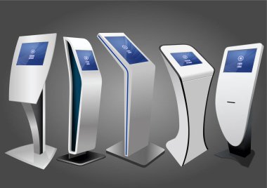 Beş promosyon etkileşimli bilgileri Kiosk, reklam görüntüleme, Terminal Stand, dokunmatik ekran. Şablonu alay.
