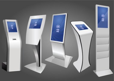 Beş promosyon etkileşimli bilgileri Kiosk, reklam görüntüleme, Terminal Stand, dokunmatik ekran. Şablonu alay.