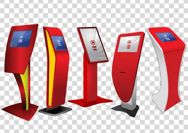 Cinque chiosco informativo interattivo promozionale rosso, display pubblicitario, supporto terminale, display touch screen isolato su sfondo trasparente. Modello finto . — Vettoriale Stock