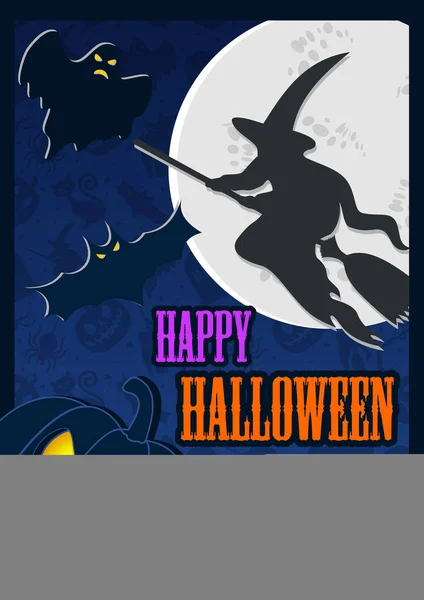 Cartel de Halloween con luna y bruja voladora aterradora — Vector de stock