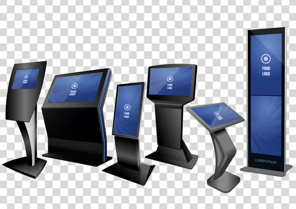 Six Promotional Interactive Information Kiosk, Advertising Display, Terminal Stand, Touch Screen Display diisolasi dengan latar belakang transparan. Templat Mock Up . - Stok Vektor