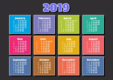 2019 yıl için renkli takvim