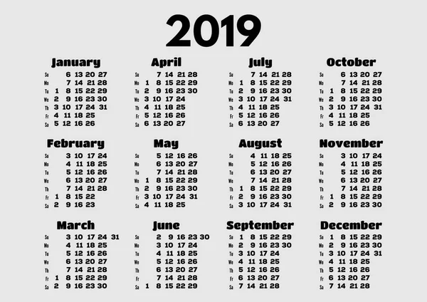 Einfaches Kalenderlayout Für Das Jahr 2019 Die Woche Beginnt Sonntag — Stockvektor