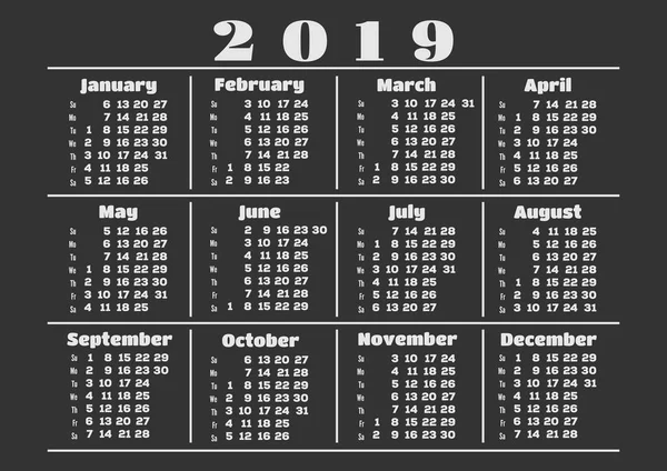 Простий календар Розкладка на 2019 рік . — стоковий вектор
