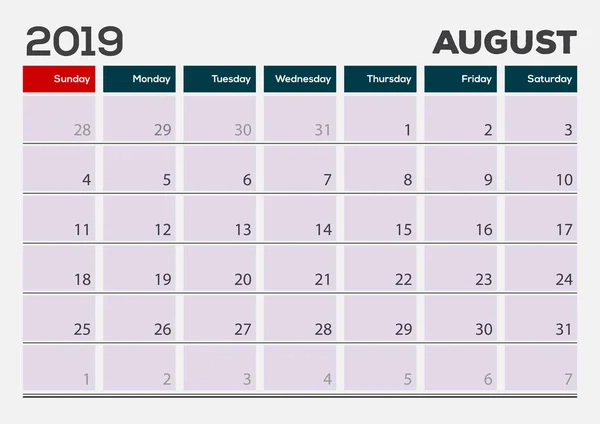 August 2019. Kalender planner design skabelon . – Stock-vektor