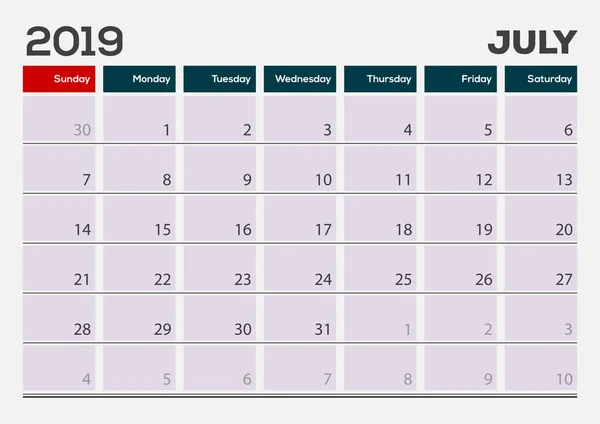 Července 2019. Šablona návrhu planner kalendáře. — Stockový vektor