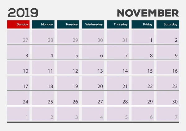 Listopadu 2019. Šablona návrhu planner kalendáře. — Stockový vektor