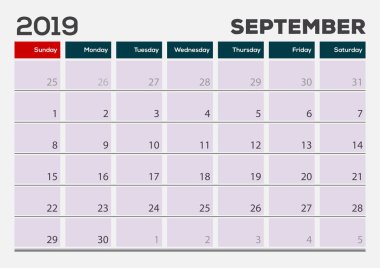Eylül 2019. Takvim Planlayıcısı tasarım şablonu. 