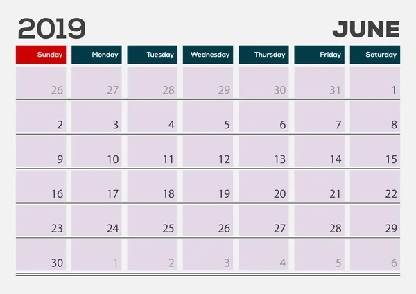 Juni 2019. Kalender planner design skabelon . – Stock-vektor
