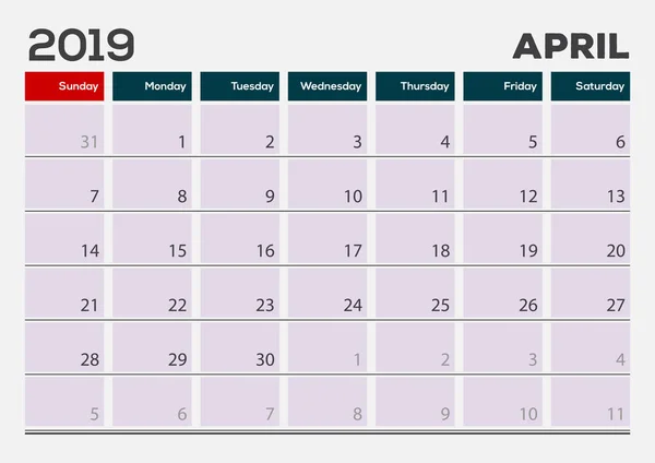 April 2019. Kalender planner design skabelon . – Stock-vektor