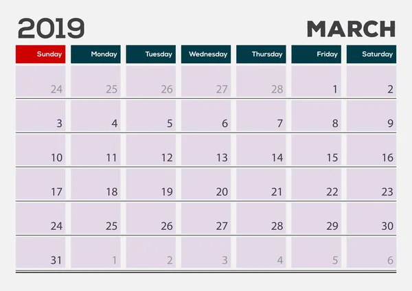 Března 2019. Šablona návrhu planner kalendáře. — Stockový vektor