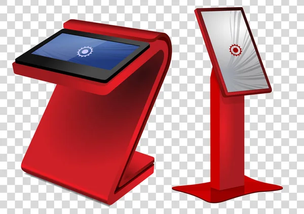 Zwei rote interaktive Werbe-Informationskiosk, Werbedisplay, Terminalständer, Touchscreen-Display. Vorlage gefälscht. — Stockvektor