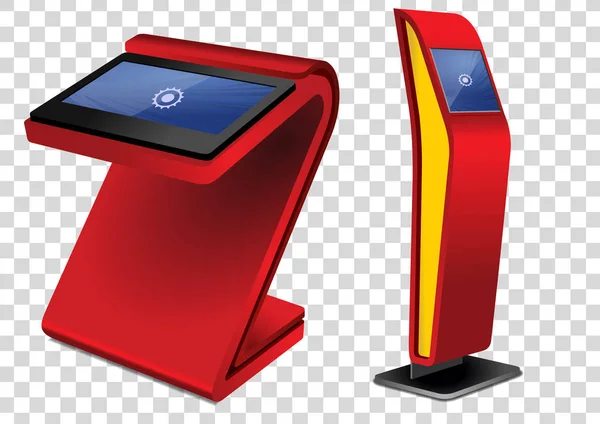 Dos quiosco de información interactivo promocional rojo, exhibición publicitaria, soporte de terminal, pantalla táctil. Plantilla de simulación . — Vector de stock