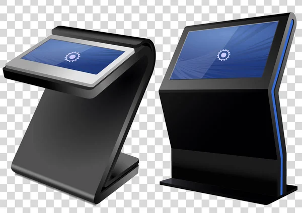 Два интерактивных информационного киоска, рекламный дисплей, терминальный стенд, сенсорный экран дисплей изолированы на прозрачном фоне. Шаблон макета. — стоковый вектор