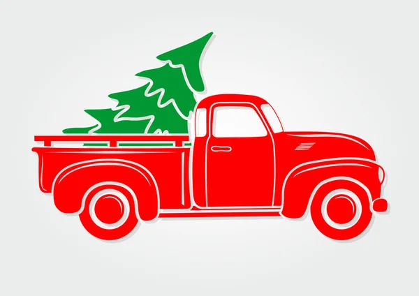 Biglietto di auguri natalizio. Pick-up vintage, camion con albero di Natale. Illustrazione vettoriale . — Vettoriale Stock