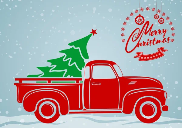 Christmas greeting card. Vintage pickup, truck with Christmas tree. Vector illustration. — Stock Vector