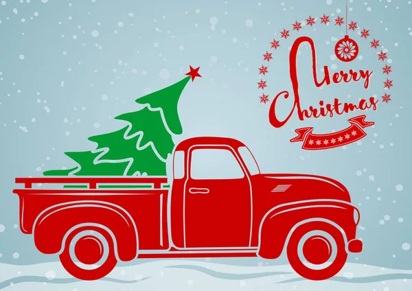 Boże Narodzenie z życzeniami. Vintage pickup, ciężarówka z choinki. Ilustracja wektorowa. — Wektor stockowy