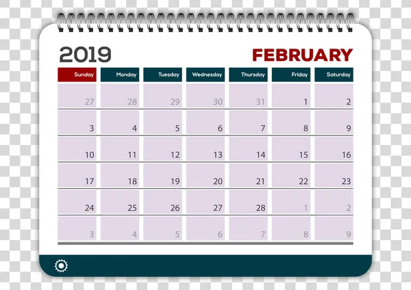 Februar 2019. Kalender planner design skabelon – Stock-vektor