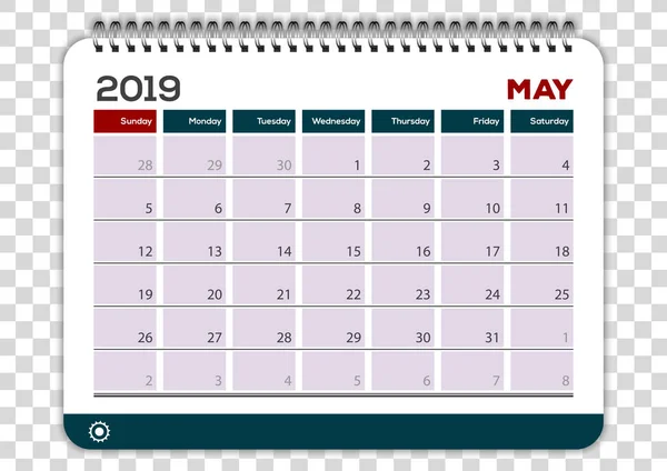 Května 2019. Šablona návrhu planner kalendáře — Stockový vektor